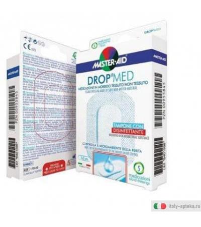 master&bull;aid drop med medicazione traspirante in tessuto non tessuto, dotata di un tampone assorbente con sostanza disinfettante