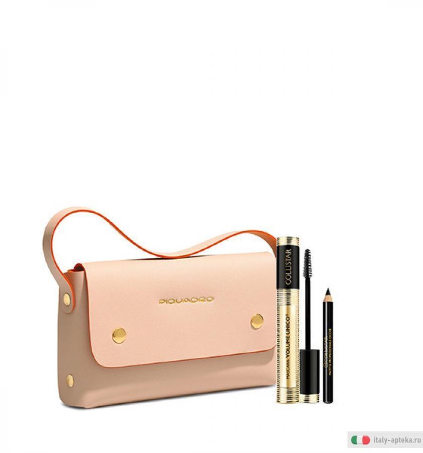 Collistar\u0026Piquadro Cofanetto Make-Up Mascara Volume Unico Nero Intenso +  Matita Matita Professionale Occhi Nera con Pochette Beige/Arancio